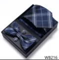 Set de regalo corbata pajarita pañuelo gemelos cuadros azul marino hombre para boda negocio. - WB216