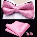 Mens pink jacquard bow tie pocket square and cufflinks set for wedding business formal wear - JP184