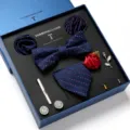 Heren Blauw Bloemen Zijde Das Strik Pochet Manchetknopen Geschenkdoos Set Variant Stijl - LB176
