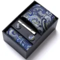 Men's blue paisley jacquard tie pocket square cufflinks tie clip set in gift box - HB187
