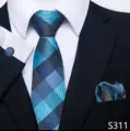 Detailweergave heren blauw geruit stropdas pochet manchetknopen set jacquard stof. - Blauw-Zwarte Ruit Stijl (S311)