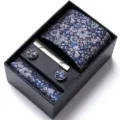 Men elegant blue floral tie set with pocket square cufflinks tie clip in gift box - HB188