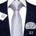 Men's business tie set blue gold plaid necktie with pocket square and cufflinks for formal use. - S3
