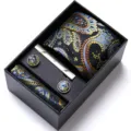Men's blue gold paisley silk tie gift set with cufflinks clip pocket square for business events - HB189