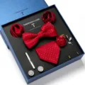 Heren Rode Jacquard Geprint Vlinderdas Manchetknopen Pochet Cadeaupakket Variant - LB179