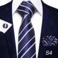 Men's Classic Navy Blue Striped Silk Tie Set with Matching Pocket Square for Business Suit - S4