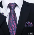 Set van stropdas pochet en manchetknopen met bloemen jacquard patroon voor heren. - Donkerblauw met Roze Bloemen Stijl (S313)