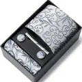Ensemble cravate jacquard gris homme avec pochette boutons de manchette coffret cadeau - HB90