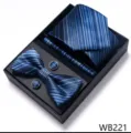 Hombres corbata a rayas azul pajarita gemelos pañuelo de bolsillo caja de regalo set - WB221