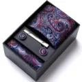 Men's business red and blue paisley tie set with cufflinks and pocket square variant. - HB190