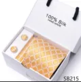 Gouden zijden stropdas en manchetknopen set in geschenkdoos met geometrisch patroon. - SB215