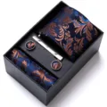 Men business blue floral jacquard tie set pocket square cufflinks tie clip gift box - HB191