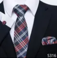 Heren klassieke zakelijke ruitjes stropdas pochet en manchetknopen detailweergave - Donkerblauw met Rood-Witte Ruit Stijl (S316)