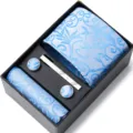 Set de cravate jacquard bleu clair pour homme avec pochette carrée boutons de manchette. - HB92