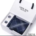 Heren zijde das set pochet manchetknopen geschenkdoos marineblauw ruit trouwen formeel stijl - SB216