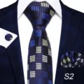 Blue plaid men's formal business suit necktie matching pocket square set for wedding and work. - S2