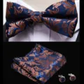 Men's blue floral jacquard bow tie pocket square and cufflinks set for wedding business suit - JP191
