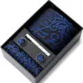 Coffret cadeau cravate mouchoir boutons de manchette jacquard bleu noir pour homme - HB95