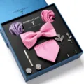 Heren roze bloemige jacquard vlinderdas set met manchetknopen voor zakelijke bruiloft. - LB184