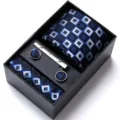 Men business tie set blue black geometric jacquard tie pocket square cufflinks tie clip gift box - HB194