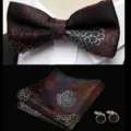 Detailed view of men jacquard bow tie pocket square cufflinks set elegant wedding suit accessories - JP193
