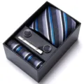 Men's Business Striped Tie Set Gift Box Blue Grey Tie Pocket Square Cufflinks Tie Clip - HB195