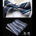 Details of mens black and blue striped bow tie pocket square and matching cufflinks set - JP195