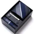 Men's business blue striped tie pocket square cufflink tie clip gift set in elegant box. - HB196