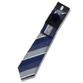 Men's navy blue diagonal striped tie set with pocket square lapel pin and tie clip. - AF196