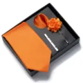 Men's orange necktie pocket square boutonniere tie clip gift box set for business wedding. - Orange