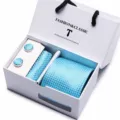 Blue checkered tie pocket square cufflinks gift box set for men business wedding wear - SB24