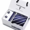 Men's Navy Blue Striped Tie Pocket Square Cufflinks Set Gift Box Business Formal - SB4