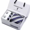 Men's blue and grey striped tie, pocket square and cufflinks gift box set for business. - SB5