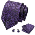 Zwart en paars paisley stropdas set met pochet en manchetknopen voor formele kleding. - Stijl S91