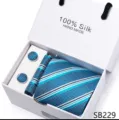 Luxe heren blauw gestreepte zijden das set met pochet en manchetknopen in geschenkdoos. - SB229