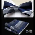 Men blue grey striped bow tie pocket square cufflinks set formal wedding suit accessories - JP196