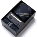 Men's business navy blue jacquard tie pocket square tie clip cufflinks gift set variant - HB197