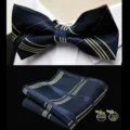 Men luxury navy blue jacquard bow tie pocket square cufflinks set for business wedding. - JP197
