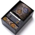Men's floral tie gift set with pocket square cufflinks and tie clip in elegant grey brown. - HB198
