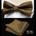 Men's jacquard bow tie pocket square cufflinks set detail for business wedding suits. - JP199