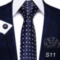 Set cravatta fazzoletto da taschino e gemelli da uomo motivo geometrico blu elegante - S11