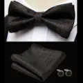 Detailed view of mens bow tie, pocket square and cufflink set with blue dots for formal suits. - JP200
