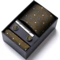 Men's business tie gift set with brown polka dot silk tie, cufflinks, and tie clip. - HB199