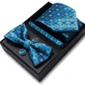 Blauwe geometrische jacquard heren stropdas vlinderdas pochet manchetknopen set - WB234