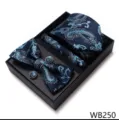 Elegante conjunto de corbata pajarita pañuelo y gemelos con estampado paisley azul. - WB250