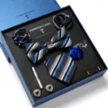 Heren formeel zakelijk gestreept das vlinderdas pochet broche manchetknopen cadeau set doos - LB195