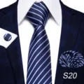 Set cravatta a righe blu scuro fazzoletto da taschino gemelli uomo abito formale affari - S20