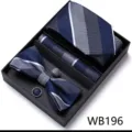 Coffret cadeau cravate noeud papillon pochette et boutons de manchette rayés bleu et gris - WB196