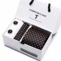 Mens black red polka dot tie gift box set with pocket square and cufflinks for wedding business. - SB7