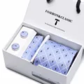 Elegant men's tie pocket square cufflinks gift set in light blue checkered pattern. - SB9